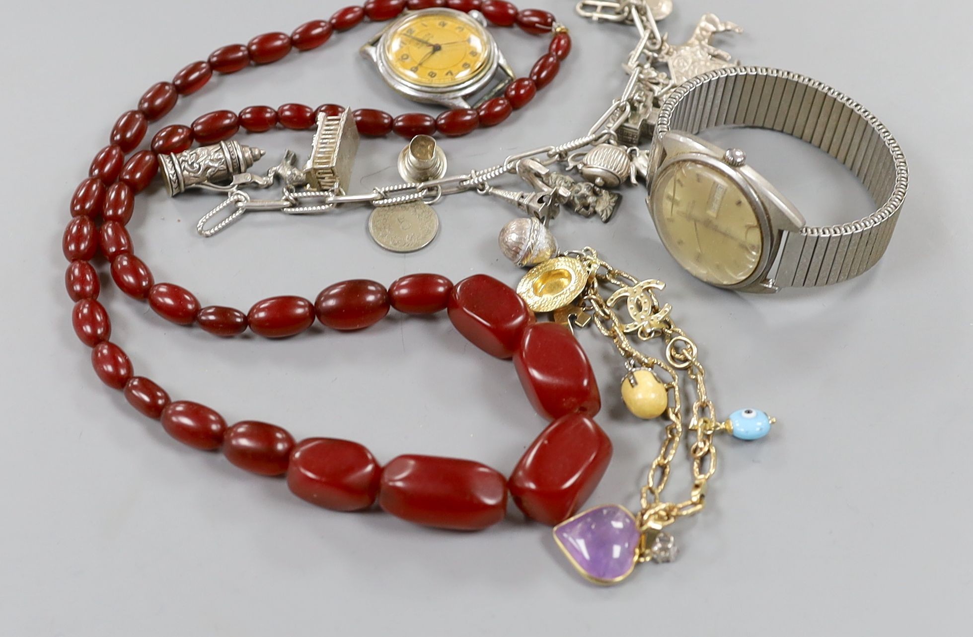 Mixed jewellery including charm bracelet, simulated cherry amber necklace etc.